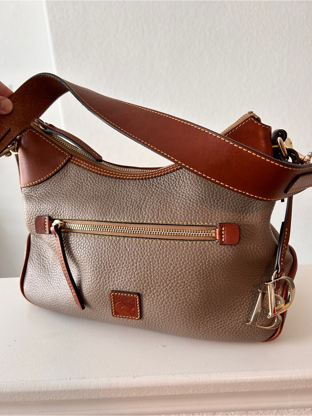 Dooney & Bourke Gray Pebble Leather Shoulder Bag with Brown Trim - Picture 2 of 4